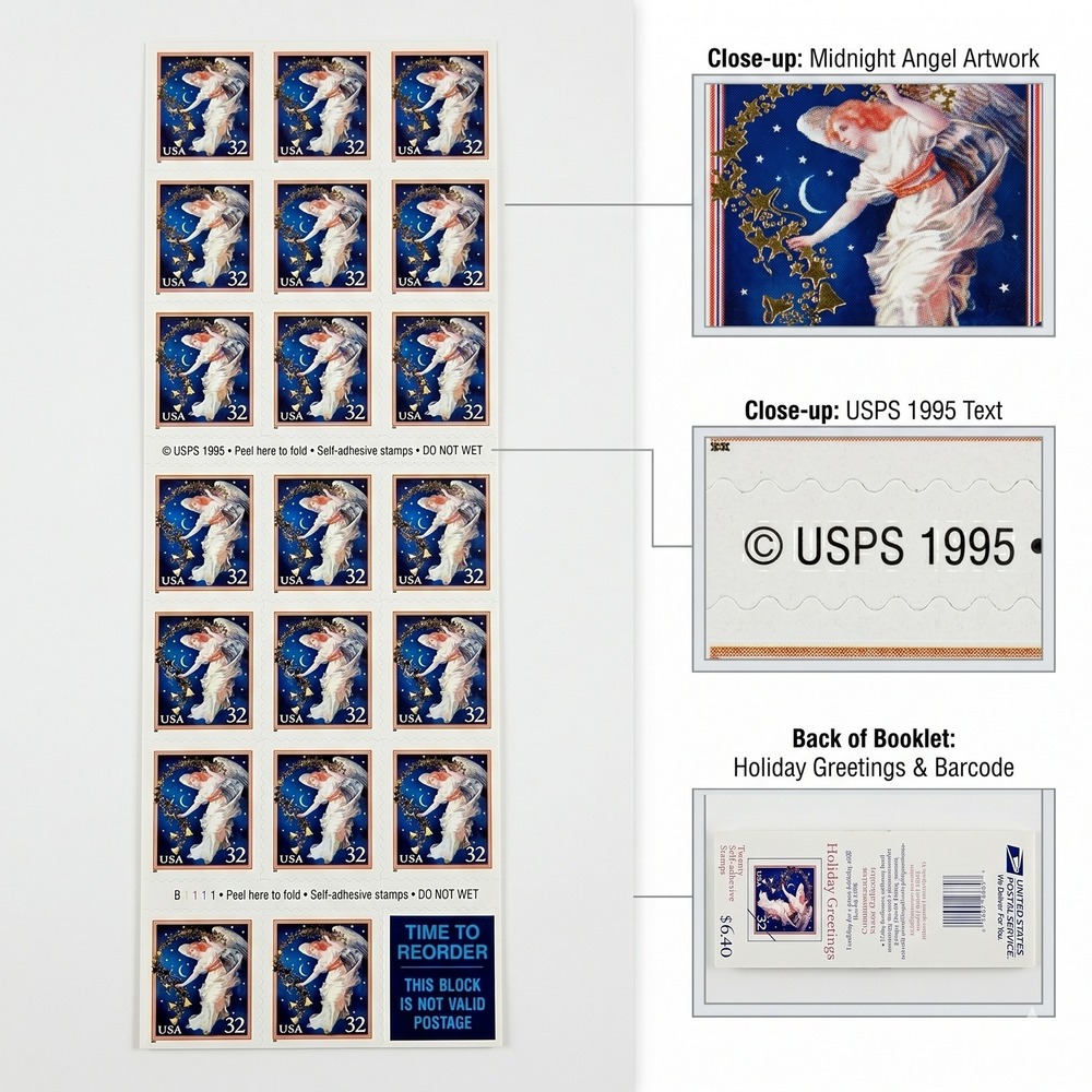 Vintage 1995 USPS Midnight Angel 32 Cent Stamps Booklet Pane of 20 Unused